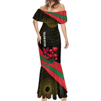 Tajikistan Mermaid Dress Tulip with Red Floral Butterfly with Black Gold Folk Pattern