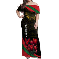 Tajikistan Off Shoulder Maxi Dress Tulip with Red Floral Butterfly with Black Gold Folk Pattern
