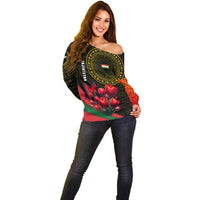 Tajikistan Off Shoulder Sweater Tulip with Red Floral Butterfly with Black Gold Folk Pattern