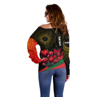 Tajikistan Off Shoulder Sweater Tulip with Red Floral Butterfly with Black Gold Folk Pattern