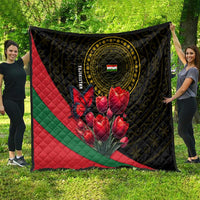 Tajikistan Quilt Tulip with Red Floral Butterfly with Black Gold Folk Pattern