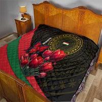 Tajikistan Quilt Tulip with Red Floral Butterfly with Black Gold Folk Pattern