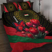 Tajikistan Quilt Bed Set Tulip with Red Floral Butterfly with Black Gold Folk Pattern