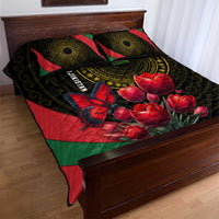 Tajikistan Quilt Bed Set Tulip with Red Floral Butterfly with Black Gold Folk Pattern