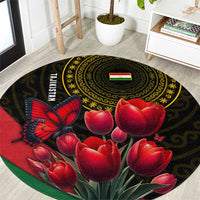 Tajikistan Round Carpet Tulip with Red Floral Butterfly with Black Gold Folk Pattern