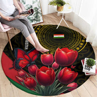 Tajikistan Round Carpet Tulip with Red Floral Butterfly with Black Gold Folk Pattern