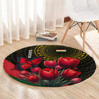 Tajikistan Round Carpet Tulip with Red Floral Butterfly with Black Gold Folk Pattern