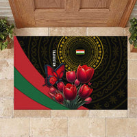 Tajikistan Rubber Doormat Tulip with Red Floral Butterfly with Black Gold Folk Pattern