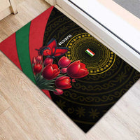 Tajikistan Rubber Doormat Tulip with Red Floral Butterfly with Black Gold Folk Pattern