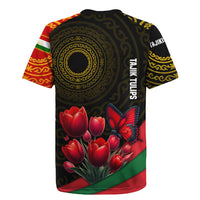 Tajikistan Rugby Jersey Tulip with Red Floral Butterfly with Black Gold Folk Pattern