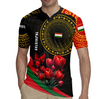 Tajikistan Rugby Jersey Tulip with Red Floral Butterfly with Black Gold Folk Pattern