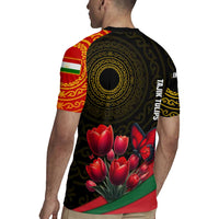 Tajikistan Rugby Jersey Tulip with Red Floral Butterfly with Black Gold Folk Pattern