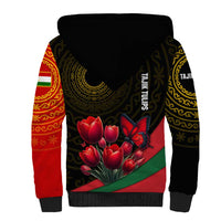Tajikistan Sherpa Hoodie Tulip with Red Floral Butterfly with Black Gold Folk Pattern