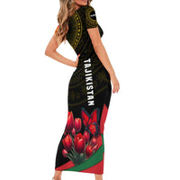 Tajikistan Short Sleeve Bodycon Dress Tulip with Red Floral Butterfly with Black Gold Folk Pattern