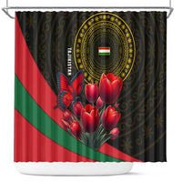 Tajikistan Shower Curtain Tulip with Red Floral Butterfly with Black Gold Folk Pattern