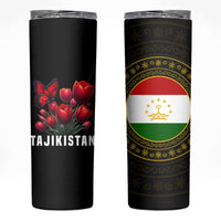Tajikistan Skinny Tumbler Tulip with Red Floral Butterfly with Black Gold Folk Pattern