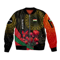 Tajikistan Sleeve Zip Bomber Jacket Tulip with Red Floral Butterfly with Black Gold Folk Pattern