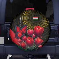 Tajikistan Spare Tire Cover Tulip with Red Floral Butterfly with Black Gold Folk Pattern