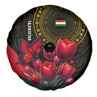 Tajikistan Spare Tire Cover Tulip with Red Floral Butterfly with Black Gold Folk Pattern