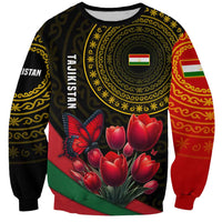 Tajikistan Sweatshirt Tulip with Red Floral Butterfly with Black Gold Folk Pattern