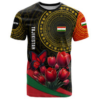 Tajikistan T Shirt Tulip with Red Floral Butterfly with Black Gold Folk Pattern