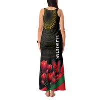 Tajikistan Tank Maxi Dress Tulip with Red Floral Butterfly with Black Gold Folk Pattern