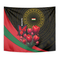 Tajikistan Tapestry Tulip with Red Floral Butterfly with Black Gold Folk Pattern