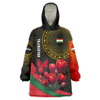 Tajikistan Wearable Blanket Hoodie Tulip with Red Floral Butterfly with Black Gold Folk Pattern