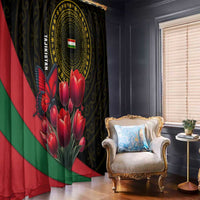 Tajikistan Window Curtain Tulip with Red Floral Butterfly with Black Gold Folk Pattern