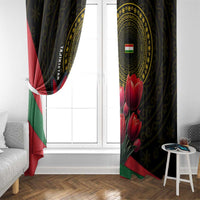 Tajikistan Window Curtain Tulip with Red Floral Butterfly with Black Gold Folk Pattern