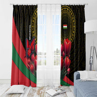 Tajikistan Window Curtain Tulip with Red Floral Butterfly with Black Gold Folk Pattern