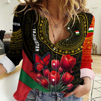 Tajikistan Women Casual Shirt Tulip with Red Floral Butterfly with Black Gold Folk Pattern