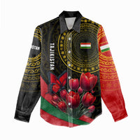 Tajikistan Women Casual Shirt Tulip with Red Floral Butterfly with Black Gold Folk Pattern
