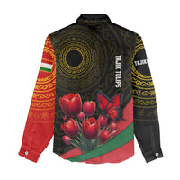 Tajikistan Women Casual Shirt Tulip with Red Floral Butterfly with Black Gold Folk Pattern