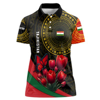 Tajikistan Women Polo Shirt Tulip with Red Floral Butterfly with Black Gold Folk Pattern