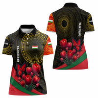 Tajikistan Women Polo Shirt Tulip with Red Floral Butterfly with Black Gold Folk Pattern
