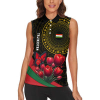 Tajikistan Women Sleeveless Polo Shirt Tulip with Red Floral Butterfly with Black Gold Folk Pattern