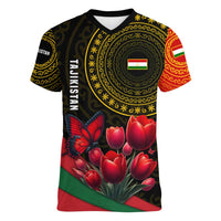 Tajikistan Women V-Neck T-Shirt Tulip with Red Floral Butterfly with Black Gold Folk Pattern