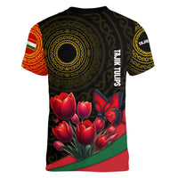 Tajikistan Women V-Neck T-Shirt Tulip with Red Floral Butterfly with Black Gold Folk Pattern
