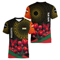 Tajikistan Women V-Neck T-Shirt Tulip with Red Floral Butterfly with Black Gold Folk Pattern