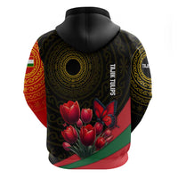 Tajikistan Zip Hoodie Tulip with Red Floral Butterfly with Black Gold Folk Pattern