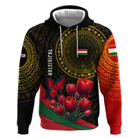 Tajikistan Zip Hoodie Tulip with Red Floral Butterfly with Black Gold Folk Pattern