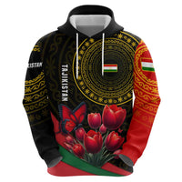 Tajikistan Zip Hoodie Tulip with Red Floral Butterfly with Black Gold Folk Pattern