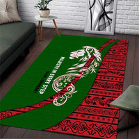 Tajikistan Green Lion Area Rug with Red Folk Pattern with Majestic Script