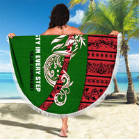 Tajikistan Green Lion Beach Blanket with Red Folk Pattern with Majestic Script