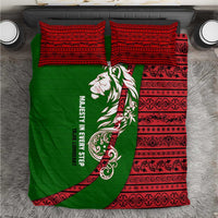 Tajikistan Green Lion Bedding Set with Red Folk Pattern with Majestic Script