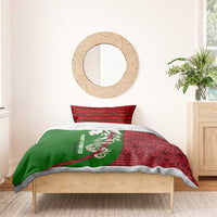 Tajikistan Green Lion Bedding Set with Red Folk Pattern with Majestic Script
