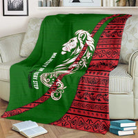 Tajikistan Green Lion Blanket with Red Folk Pattern with Majestic Script