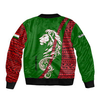 Tajikistan Green Lion Bomber Jacket with Red Folk Pattern with Majestic Script