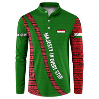 Tajikistan Green Lion Button Sweatshirt with Red Folk Pattern with Majestic Script